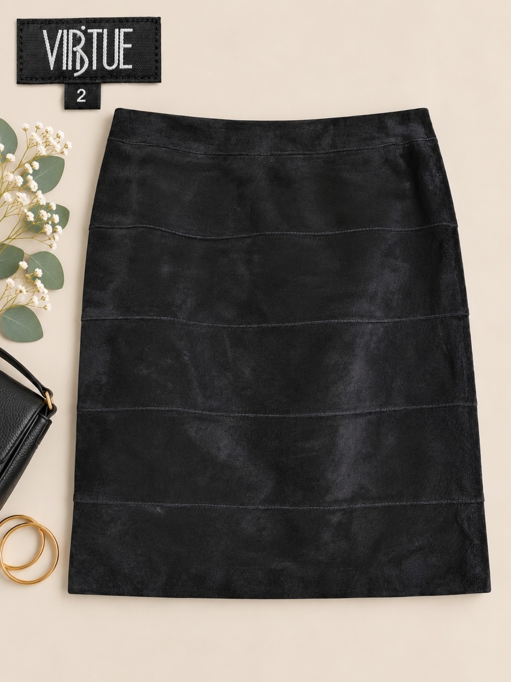 EUC Virtue Minimalist Black Suede Leather Pencil Skirt, Size 2